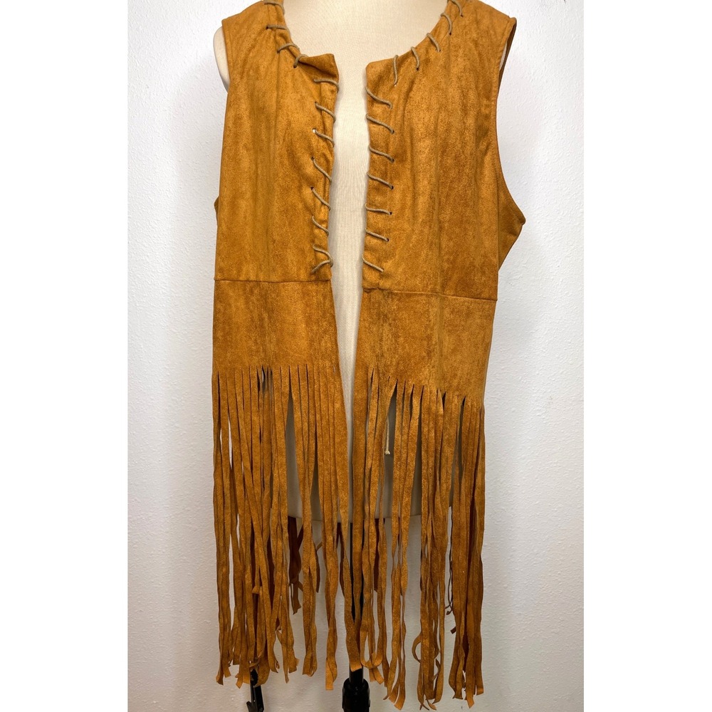 Hotouch Women Vest Faux Suede Fringe Lace Up XL Tan Western Hippie Festival